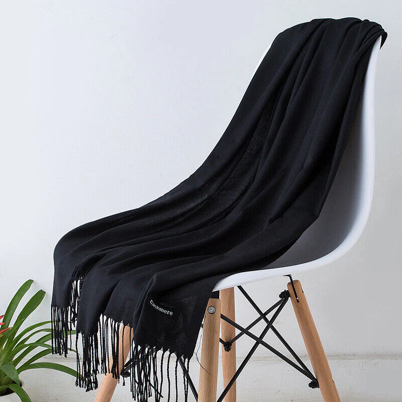 Écharpe En Cachemire Noir Avec Franges Pour Femme