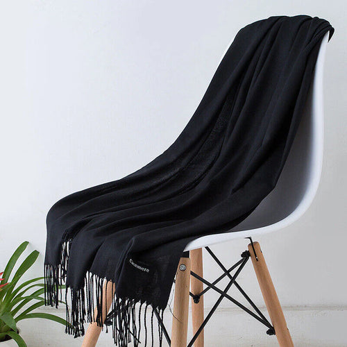Écharpe En Cachemire Noir Avec Franges Pour Femme